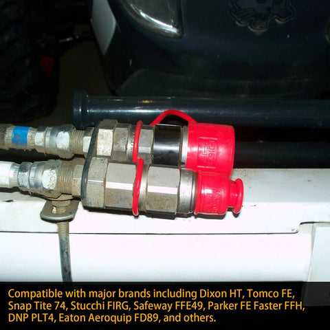 Side view of red rubber dust caps on 1/2-inch flat-face hydraulic quick-connect coupler fittings.