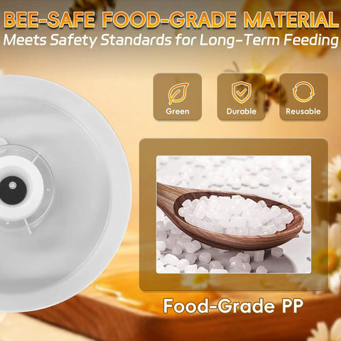 Close-up of Round Bee Top Feeder for Langstroth Hives Four Pack Food Grade PP with plastic pellets in spoon.