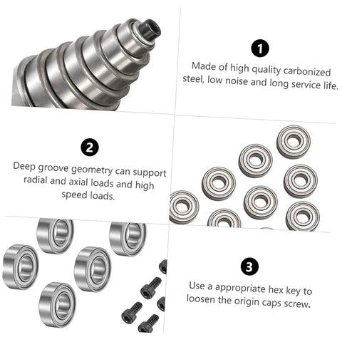 Diagram of top mounted bearing guide for router bits replacement kit, highlighting low noise design and included tools