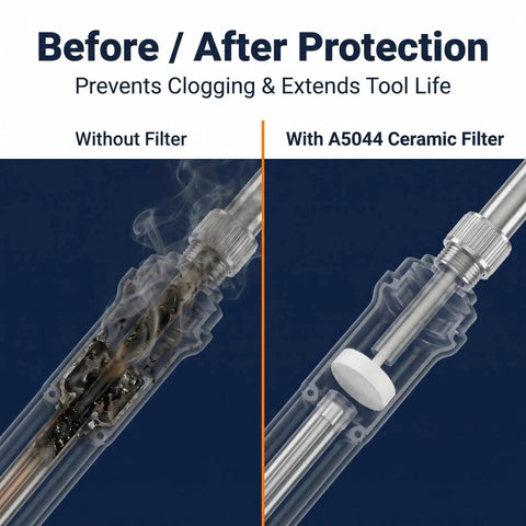 Before and after using Must Have 10 Pack A5044 Ceramic Filter Replacements For Desoldering Tools, showing clog prevention.