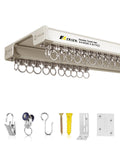 Dual Track Ceiling And Wall Curtain System, Heavy Duty Double Rails With Silent Slides For Room Dividers, 8ft To 10ft Length, Includes Hooks Clips Brackets, White double aluminum curtain rail set with rings and hardware