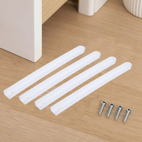 Two Piece White Plastic And Metal Drawer Slide Rail Kits With Heavy Duty Mounting Screws For Total No Sweat Diy Assembly And Smooth Kitchen Furniture Gliding, showing four white plastic glides and mounting screws.