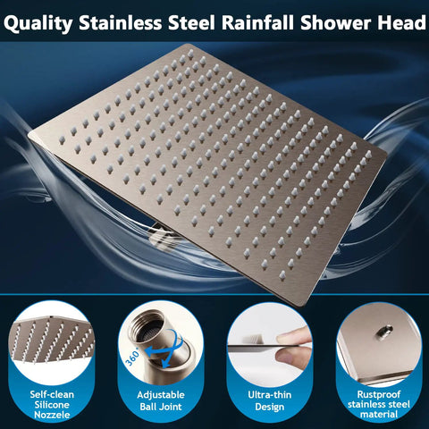 Close-up view of the 12 Inch Rainfall Shower Head Combo in Dope Brushed Nickel Finish with stainless steel material