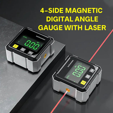 Ultra Precise Digital Angle Finder With Laser And Four Side Magnetic Base, LED Readout Inclinometer For Woodworking, Table Saw Miter Protractor, Level Box, Absolute And Relative Angle Measurements on metal surface