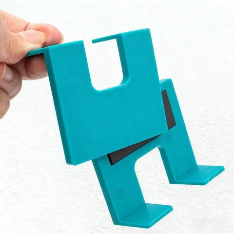 Door Jamb Hinge Jig Kit With Thickened Installation Plates And Magnetic Spacer Includes Two Hinges And Ten Screws For Fast Simple DIY Door And Cabinet Alignment And Easy Install shown in hand, featuring blue thickened plates and a magnetic spacer.