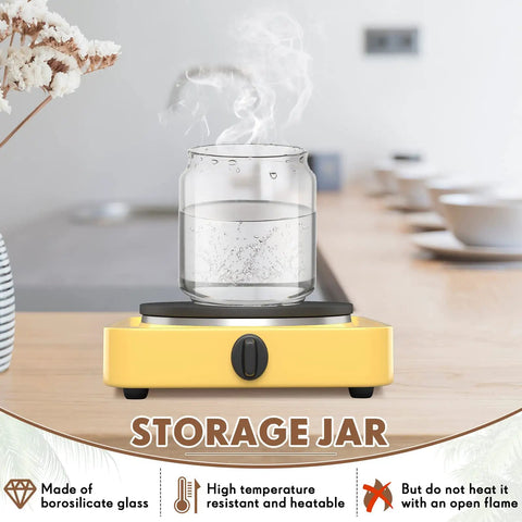 24 Pack Glass Canister Set With Tight Wood Lids For A No Sweat Pantry Setup, 17 Oz Food Jars holding water on a yellow heating base.