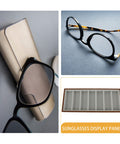 Slick Wooden Sunglasses Display Tray With Soft Gray Velvet Lining Seven Grid Eyewear Organizing Rack next to stylish glasses