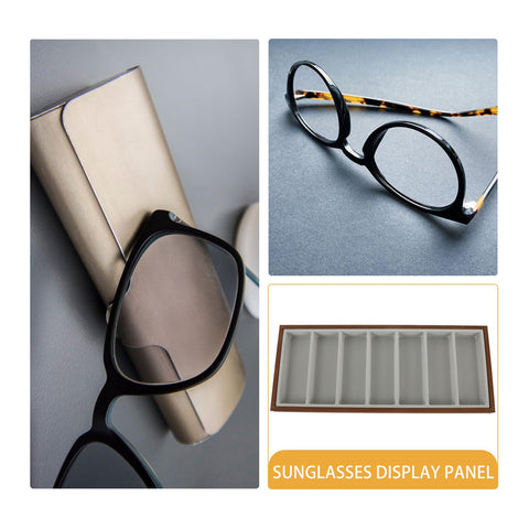 Slick Wooden Sunglasses Display Tray With Soft Gray Velvet Lining Seven Grid Eyewear Organizing Rack next to stylish glasses