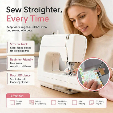Woman using Magnetic Sewing Seam Guide for Precision Stitching and Straight Seams Multi Size Alignment Tool on sewing machine