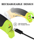 Cordless Electric Box Cutter Rechargeable Scissors Rip Through Cardboard And Carpet With Ease showing USB charging and LED indicator.