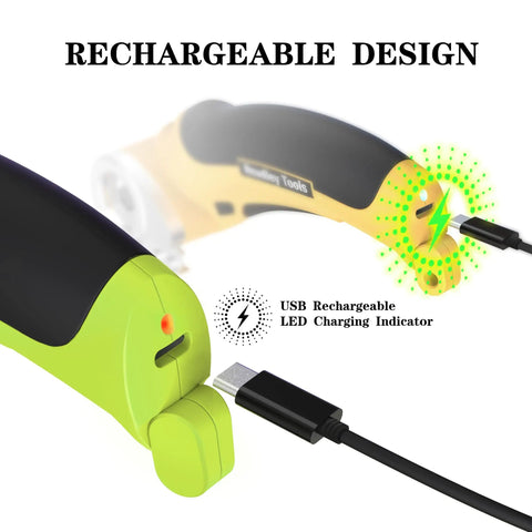 Cordless Electric Box Cutter Rechargeable Scissors Rip Through Cardboard And Carpet With Ease showing USB charging and LED indicator.