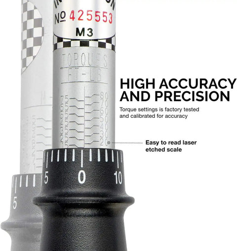 Close-up of Beefy 3/8 Drive Adjustable Click Torque Wrench 15 To 80 Ft-Lb Range, laser-etched scale, chrome vanadium steel.