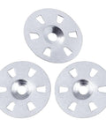 Front view: three stainless steel foam-board washers with central hole and five radial slots