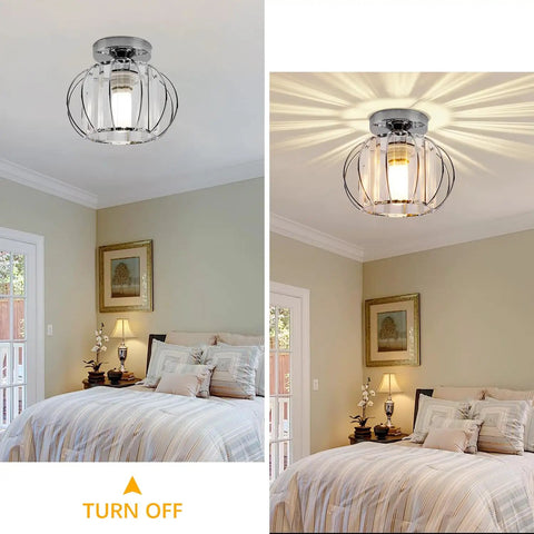 Chrome cage ceiling light on and off in bedroom, Modern Semi Flush Mount Ceiling Light Fixture With Crystal Chandelier Effect Chrome Small Ceiling Lamp For Entryway Bedroom Bathroom Hallway Closet Foyer And Living Room Stylish Indoor Lighting Upgrade.
