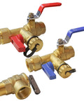 Three Quarter Inch IPS Isolator Tankless Water Heater Valve Kit With Pressure Relief Valve Includes Hot And Cold Isolation Valves