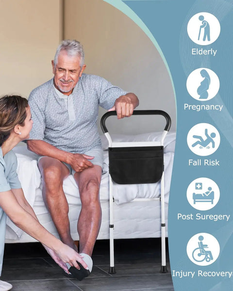 Elderly man using Adjustable Bed Rail For Seniors With No Tool Assembly And Sturdy Support Legs Non Slip Ergonomic Handle
