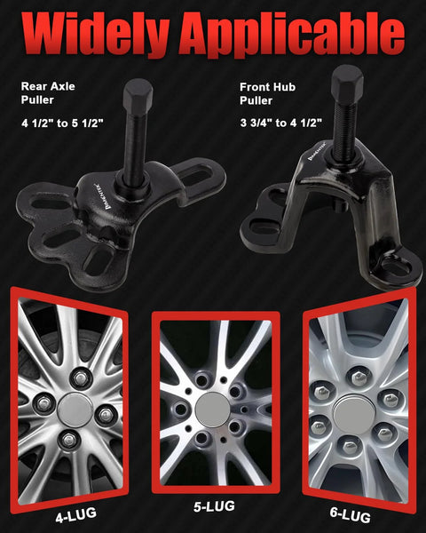 Nine Way Slide Hammer Puller Set For Front Wheel Hub Removal And Rear Wheel Axle Extraction showing rear axle and front hub pullers