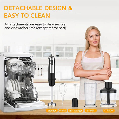 No Sweat 5 In 1 Handheld Blender Featuring 800W Copper Motor And 12 Speed Turbo Mode Includes BPA Free Measuring Beaker Food Chopper Stainless Steel Whisk For Smoothies with detachable components.