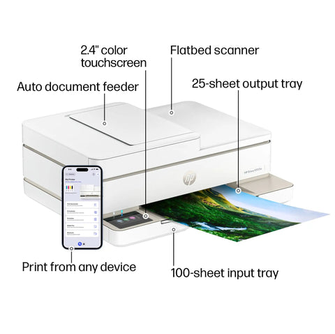 Envy 6555e Wireless All-In-One Color Inkjet Printer With Duplex Printing, Borderless Photos, showing touchscreen and trays