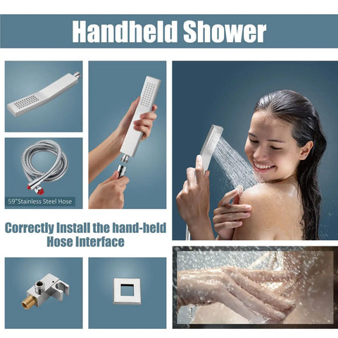Rainfall Shower System With 8 Inch Polished Chrome Shower Head, Tub Filler, Handheld Sprayer, Wall Mount Mixer shown with handheld use