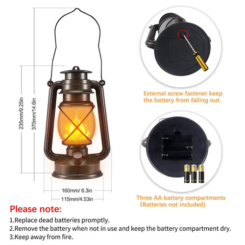 Two Pack Battery Powered LED Bronze Vintage Lanterns with size and battery instructions visible