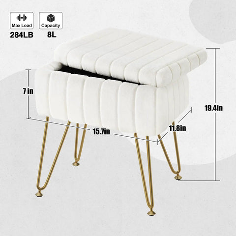 Faux Fur Vanity Stool With Hidden Storage Soft Padded Seat On Four Metal Legs With Anti Slip Feet Modern Makeup Chair White Plush