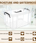 Filament Storage Box For 3D Printer With Reusable Desiccants, Clear Plastic Dryer Bin, moisture and waterproof features, arrows.