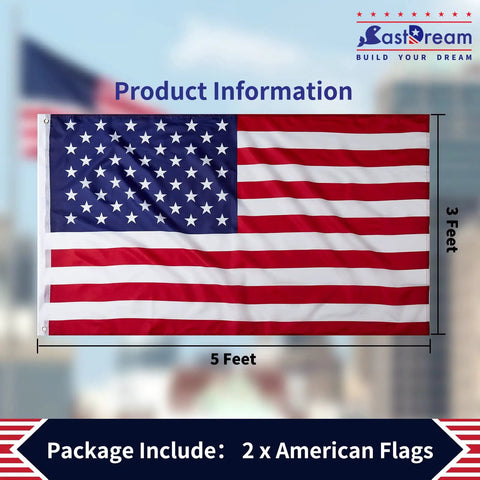 Outdoor US Flag 3x5 Ft Two Pack Fade Resistant Polyester Flags With Double Stitched Edges And Brass Grommets on display