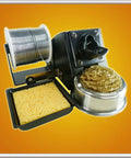 4 In 1 Digital Hot Air Rework And Soldering Station with soldering iron holder, sponge, and coil detail on yellow background