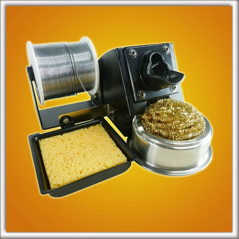 4 In 1 Digital Hot Air Rework And Soldering Station with soldering iron holder, sponge, and coil detail on yellow background