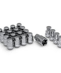 Built Tough Chrome Bulge Acorn Lug Nuts With Security Wheel Locks M12 X 1.50 Thread Three Quarter Hex 60 Degree Seat Cold Forged Steel Fits Everyday Ride Or Work Truck 20 Pack displayed with security keys.