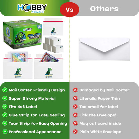 Comparison of 500 Pack Shell Mailer Trading Card Envelopes 7 By 4.35 Inch versus generic envelopes, highlighting features.