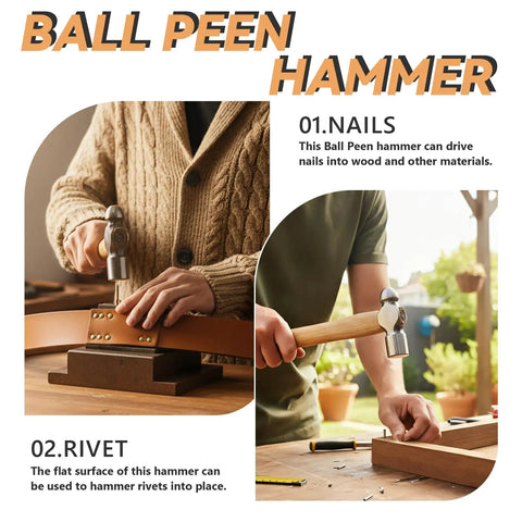 Man using a 16oz Ball Peen Hammer For Metalworking And Riveting Handy Machinist Hammer For Auto Body Home Repair on wood