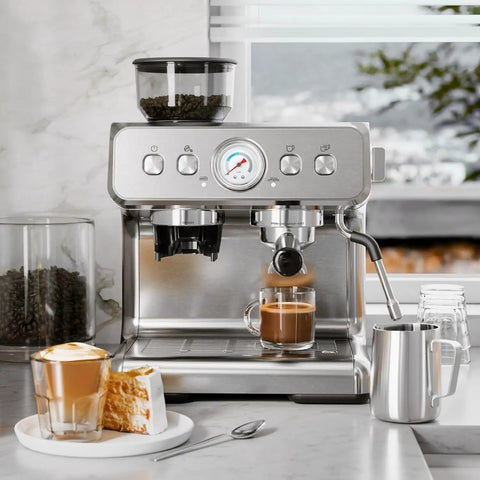 Top Shelf Espresso Machine With Built In Grinder And 20 Bar Pressure, brushed silver finish and milk frother with espresso.