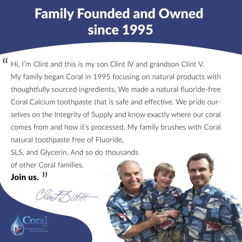 Family portrait of Coral founders Clint IV and grandson Clint V, emphasizing family heritage and commitment to natural products.