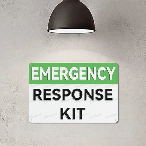 Emergency Response Kit Retro First Aid Sign 12 By 8 Inches Weatherproof Aluminum Marker in indoor setting with lamp overhead.