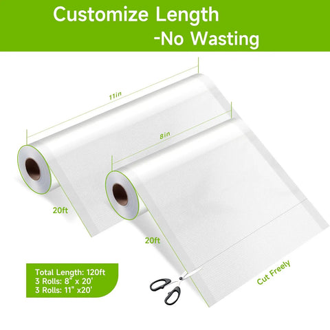 Premium Vacuum Sealer Bags 6 Pack With 3 Rolls 11x20 And 3 Rolls 8x20 BPA Free Customizable Sizes shown with dimensions and scissors.