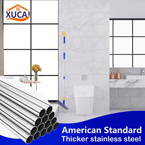 Long Reach Grout Brush With Extendable Stainless Steel Handle in Dreamy Blue next to toilet in modern bathroom.