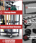 Heavy Duty Rolling Garden Tool Organizer On Wheels With 14 Hooks And 5 Slots, 3 tier metal cart holds rakes, shovels, brooms