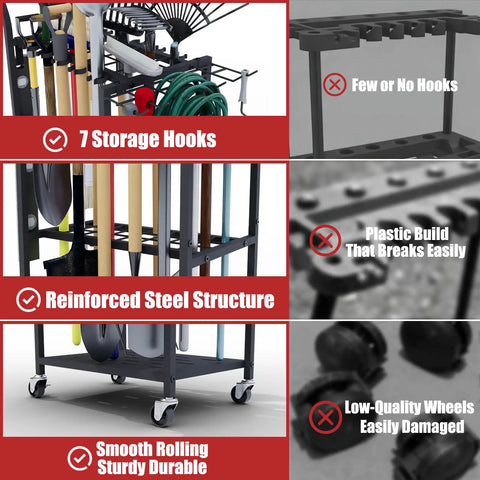 Heavy Duty Rolling Garden Tool Organizer On Wheels With 14 Hooks And 5 Slots, 3 tier metal cart holds rakes, shovels, brooms