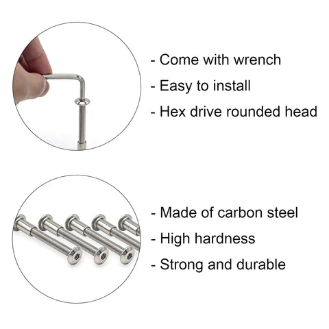 Heavy Duty M6x10mm Hex Socket Cap Bolts And Zinc Plated Barrel Nuts 10Pack Kit With Allen Wrench displayed with wrench and screws.