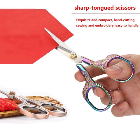 Small sewing scissors, rainbow-etched handles, 2-piece embroidery scissors set cutting red paper