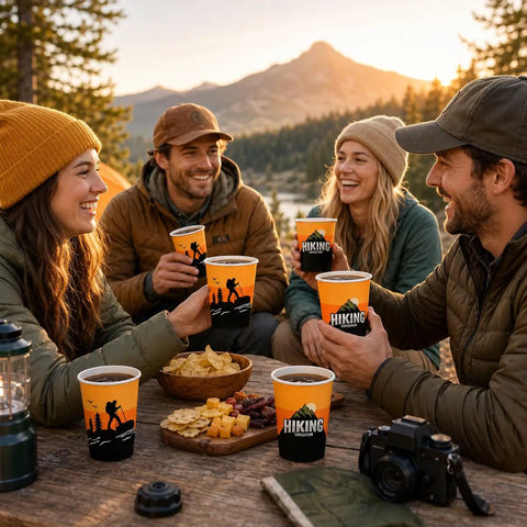 Group enjoying drinks with 50 Pack 9oz Camping And Hiking Themed Disposable Paper Cups For Parties And Outdoor Adventures, No Mess Cleanup.