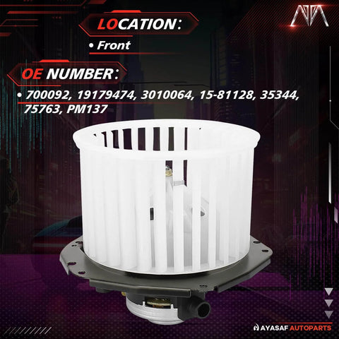 Front view of HVAC Blower Motor Assembly for Chevy Astro, Blazer, Corvette, Camaro, GMC Safari, Sonoma, Jimmy, Buick Electra LeSabre, Pontiac Firebird, Oldsmobile Bravada, Isuzu Hombre 700092 OEM Replacement.