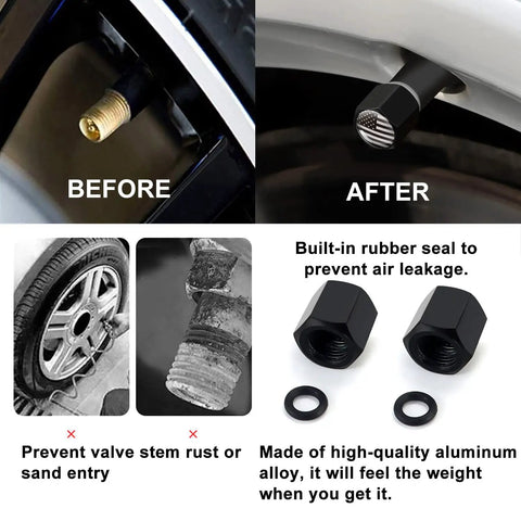American Flag Tire Valve Cap Antenna with built-in seal, universal short replacement for trucks, improves AM FM reception, black finish.