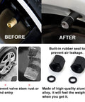 Before and after of tire valve caps, showing black cap with built-in seal to prevent air leaks, made of aluminum alloy.