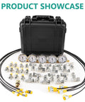 All In One Hydraulic Pressure Test Kit With Five Gauges 10 To 600 Bar And 150 To 10000 PSI 13 Test Couplings 14 Tee Connectors Five High Pressure Hoses And Carrying Case For Excavators And Construction Machinery on display