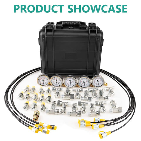 All In One Hydraulic Pressure Test Kit With Five Gauges 10 To 600 Bar And 150 To 10000 PSI 13 Test Couplings 14 Tee Connectors Five High Pressure Hoses And Carrying Case For Excavators And Construction Machinery on display