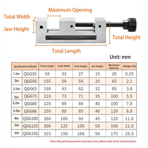 Heavy Duty Precision Milling Machine Vise With Badass Jaw Grip For Cnc Machining and Precision Grinding, dimensions chart with specifications.