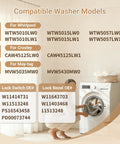 Compatible washer models list with visual of child loading washing machine. Models include WTW5010LW1, WTW5057LW0, MVW5430MW0.